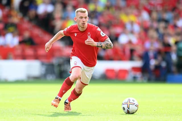 NOTTINGHAM, ENGLAND - AUGUST 28: Lewis O'Brien of Notts Forest in action during the Premier League match between Nottingham Forest and Tottenham Hotspur at City Ground on August 28, 2022 in Nottingham, England. (Photo by Michael Regan/Getty Images)