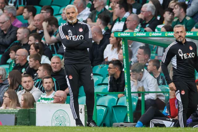 GLASGOW, SCOTLAND - JULY 31: Jim Goodwin, the former Aberdeen manager, looks on during the Cinch Scottish Premiership match between Celtic FC and Aberdeen FC at Celtic Park on July 31, 2022 in Glasgow, United Kingdom. (Photo by Steve Welsh/Getty Images)
