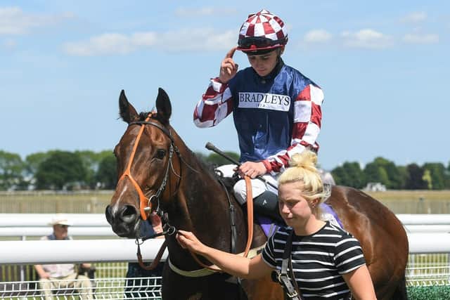 Victory walk: Jockey Ryan Sexton and Sherdil are led back in after winning the Go Racing In Yorkshire Future Stars Apprentice Handicap at Beverley in June 2022. Picture Hannah Ali