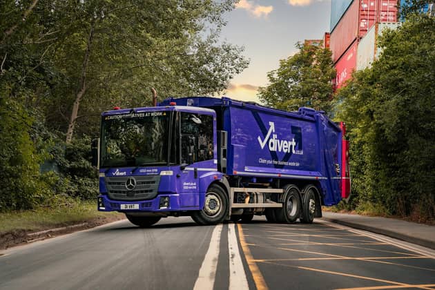 Free bins for businesses in Leeds: watch out for the big purple commercial waste truck that’s helping firms in Yorkshire. Picture – supplied.