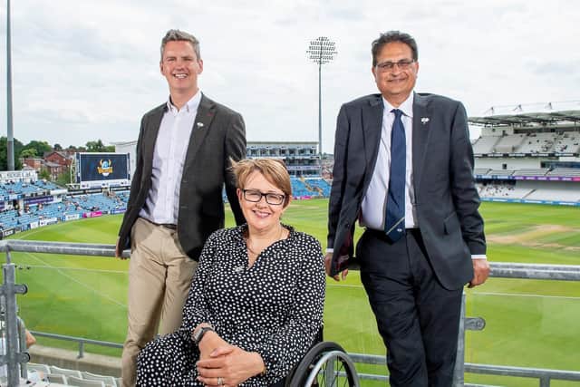 COMING ABOARD: New Yorkshire CCC chairman-elect, Harry Chathli, right, pictured at Headingley in June with chief executive, Stephen Vaughan, and interim chair, Baroness Tanni Grey-Thompson Picture by Allan McKenzie/SWpix.com