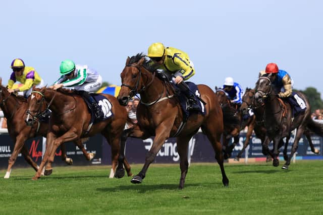 LEADING THE WAY: Crystal Queen and Connor Beasley on their way to winning the Hilary Needler Trophy EBF Fillies' Conditions Stakes at Beverley on Saturday. Picture: Nigel French/PA