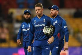 Down and almost out. Jos Buttler, the England captain, leaves the field along with Adil Rashid and Jonny Bairstow after England's latest defeat against Sri Lanka. Photo by Gareth Copley/Getty Images.