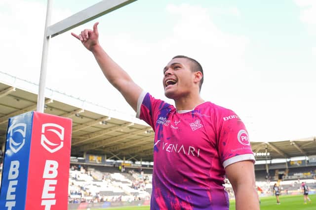 Tui Lolohea of Huddersfield celebrates his teams victory over Hull FC (Picture: Olly Hassell/SWpix.com)