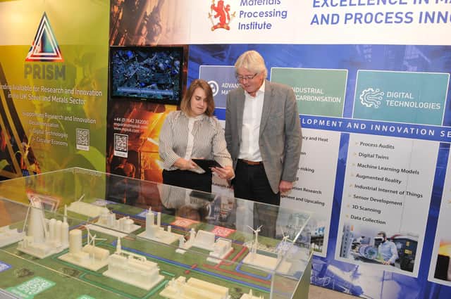 Lucy Smith, the Material Processing Institute’s Group Manager, Circular Economy, and Anders Jersby, Director Commercial, with the augmented reality project ‘Steelmaking of the Future’ developed by Animmersion UK.