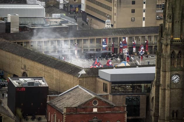 Smoke rises from the set of the Marvel's Secret Invasion set during The Piece Hall in Halifax in January, 2022.