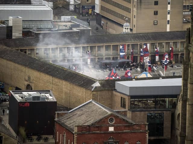 Smoke rises from the set of the Marvel's Secret Invasion set during The Piece Hall in Halifax in January, 2022.