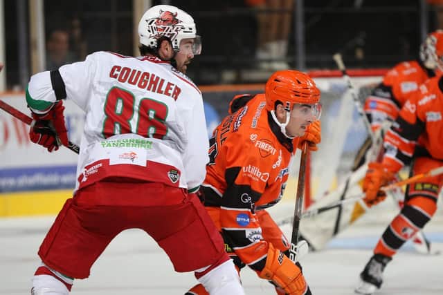 MOVING ON UP: Brandon Whistle (right) has enjoyed a productive season for Sheffield Steelers helping him earn his first call-up to the Breat Britain roster earlier this week. Picture courtesy of Hayley Roberts/Steelers Media/EIHL