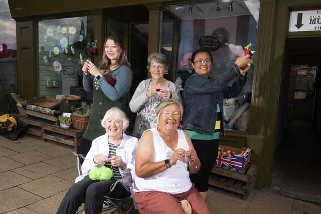 The Richmond Knitting group, pictured in Market Place, Richmond. Back row left to right Natasha Cropper, Avril Proudlock and Xin Huang. Front from the left Ann Rowley and Jen Capewell Picture taken by Yorkshire Post Photographer Simon Hulme