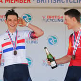 Joshua Tarling of Ineos Grenadiers wins the British Championships time-trial with Connor Swift of Doncaster and Ineos Grenadiers in third on the podium (Picture: Alex Whitehead/SWpix.com)
