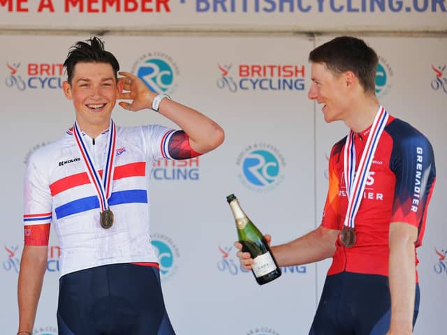 Joshua Tarling of Ineos Grenadiers wins the British Championships time-trial with Connor Swift of Doncaster and Ineos Grenadiers in third on the podium (Picture: Alex Whitehead/SWpix.com)