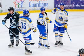 POWER PLAYER: Liam Peyton celebrates his second goalof the night against Solway. Picture: Kev Bland/Knights Media.