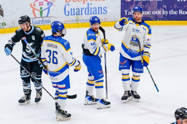 POWER PLAYER: Liam Peyton celebrates his second goalof the night against Solway. Picture: Kev Bland/Knights Media.