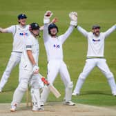 HOW IS THAT: Yorkshire's George Hill, Finlay Bean and Adam Lyth appeal for the wicket of Sussex's Tom Clark in the County Championship clash at Headingley earlier this season. Picture by Allan McKenzie/SWpix.com