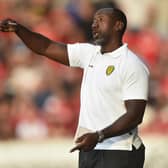 BURTON-UPON-TRENT, ENGLAND - JULY 12: Jimmy Floyd Hasselbaink manager of Burton Albion gestures during the pre-season friendly match between Burton Albion and Nottingham Forest at Pirelli Stadium on July 12, 2022 in Burton-upon-Trent, England. (Photo by Nathan Stirk/Getty Images)