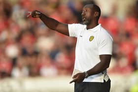 BURTON-UPON-TRENT, ENGLAND - JULY 12: Jimmy Floyd Hasselbaink manager of Burton Albion gestures during the pre-season friendly match between Burton Albion and Nottingham Forest at Pirelli Stadium on July 12, 2022 in Burton-upon-Trent, England. (Photo by Nathan Stirk/Getty Images)