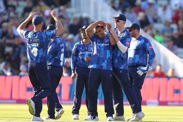 LOSING START: Yorkshire Vikings’ Ben Mike (second right)  celebrates after taking the wicket of Birmingham Bears’ Rob Yates at Edgbaston on Saturday - but the 'hosts' would have the last laugh. Picture: Nigel French/PA