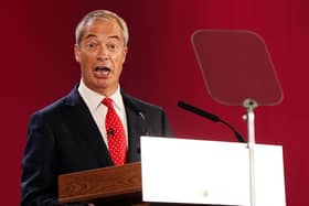 Reform UK party leader Nigel Farage at the launch of Reform UK's plan to deport asylum seekers, at Oxford Airport in Oxfordshire. Picture:: Jacob King/PA Wire