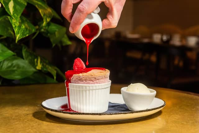 Raspberry souffleÌ - vanilla ice cream and raspberry sauce.