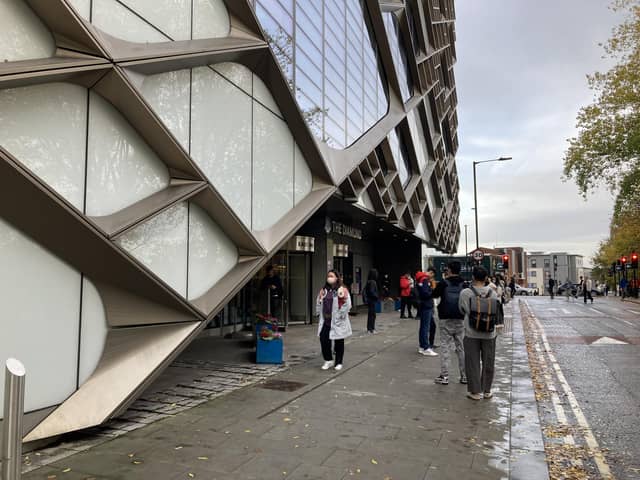 Students have occupied a Sheffield University building today in protest over alleged links with arms companies. They moved into the faculty of engineeting’s The Diamond building, on Leavygreave Road. Picture shows students outside the building