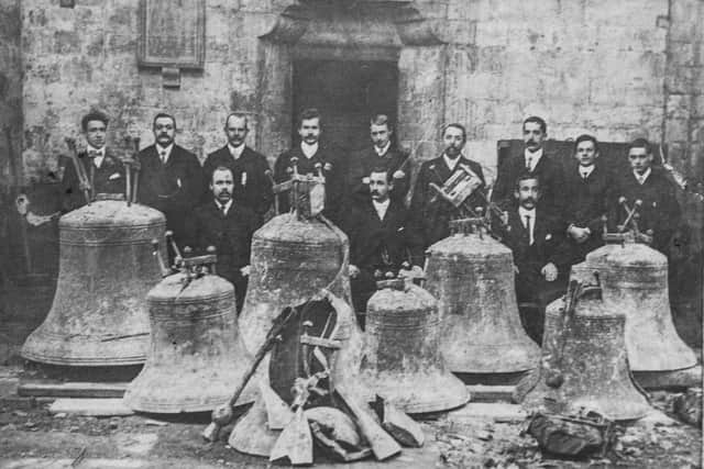 Selby Abbey in North Yorkshire, is planning to open up their Tower Tours once again on Sundays throughout summer, including the ringing room, clock room, bell chamber and the incredible views from the roof of the Central Tower. Picture An old photograph of Selby Abbey Bells and Ringers, dated 1906 - The Bells were destroyed by the Fire on October 20th 1906. Picture By Yorkshire Post Photographer,  James Hardisty.