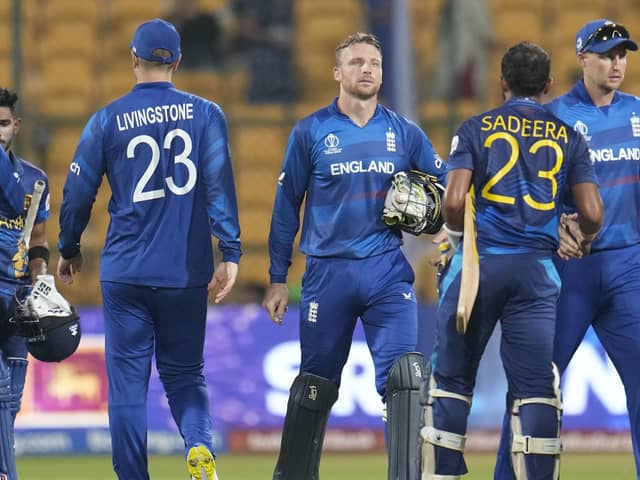 BAD TIME: England's captain Jos Butler reacts after losing to Sri Lanka by eight wickets in Bengaluru on Thursday. Picture: AP/Aijaz Rahi.