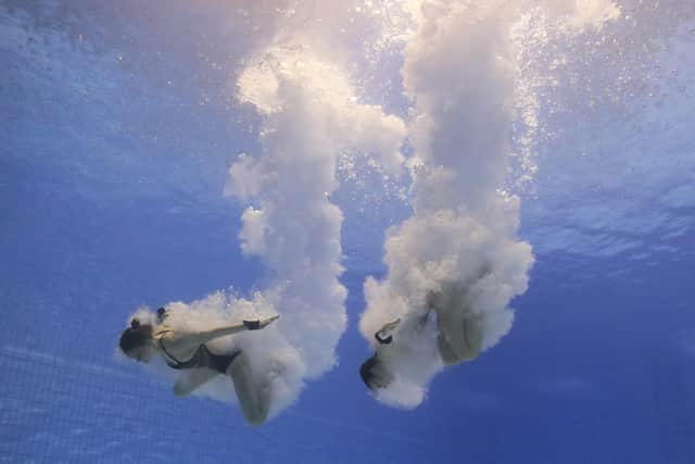 Andrea Spendolini Sirieix and Lois Toulson of Team Great Britain compete in the Women's Synchronised 10m Platform Final on day three of the Fukuoka 2023 World Aquatics Championships (Picture: Adam Pretty/Getty Images)
