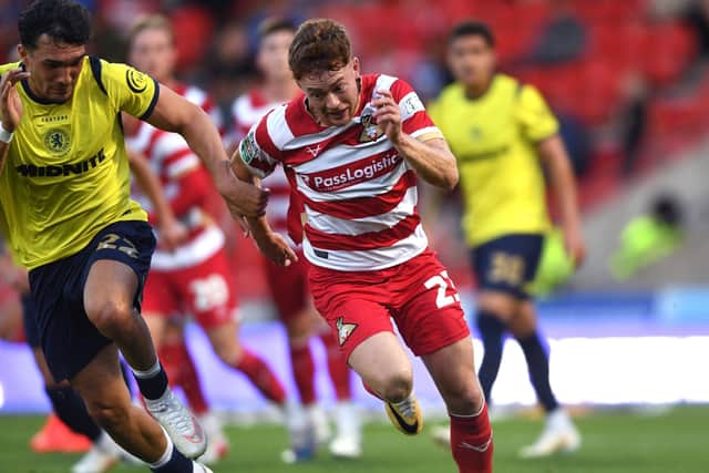Doncaster Rovers' Jack Senior takes on Middlesbrough's Kyle Joseph in the EFL Cup tie in August. Picture: Jonathan Gawthorpe