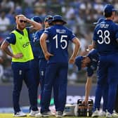 INCOMING: Ben Stokes, pictured during a drinks break in the World Cup clash between England and Afghanistan in Delhi, is set to return to the fray against South Africa this Saturday. Picture: Gareth Copley/Getty Images
