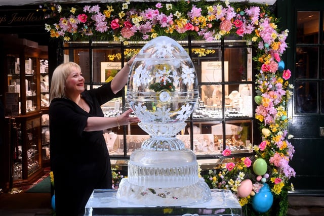 In 2024, Kay Bradley from Bradley’s Jewellers with a six-foot-tall ice sculpture on Low Petergate inspired by the Fabergé x Bradley’s Robin Egg Surprise Locket Pendant, which Kay designed