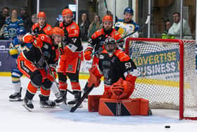 UNDER PRESSURE: Sheffield Steeldogs' defence comes under pressure during the 4-1 defeat at Leeds Knights on Thursday. Picture: Charlotte Clarke/Knights Media.