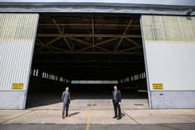 Kevin O'Hare, Willis Lease Finance vice president Teesside operations, left, pictured with Tees Valley Mayor Ben Houchen, outside the hangar at Teesside Airport which will be used by the American aviation firm.