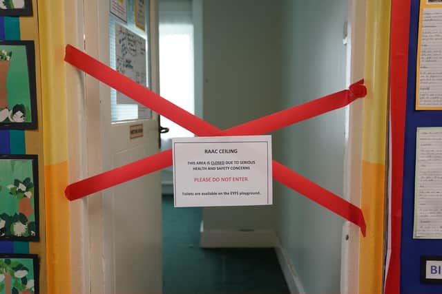 A taped off section inside Parks Primary School in Leicester, which has been affected by sub standard reinforced autoclaved aerated concrete (Raac). PIC: Jacob King/PA Wire
