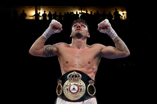 NOTTINGHAM, ENGLAND - MARCH 12: Leigh Wood celebrates following victory during the WBA World Featherweight Title fight between Leigh Wood and Michael Conlan at Motorpoint Arena Nottingham on March 12, 2022 in Nottingham, England. (Photo by Nigel Roddis/Getty Images)