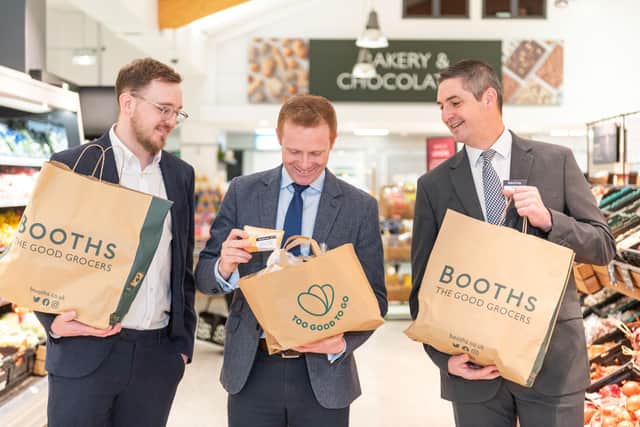 Too Good to Go founder Jamie Crummie, left, meets Environment Minster Robbie Moore, middle, at Booths Ikley with the supermarket's managing director Nigel Murray, right. Picture: Dan Oxtoby Photography