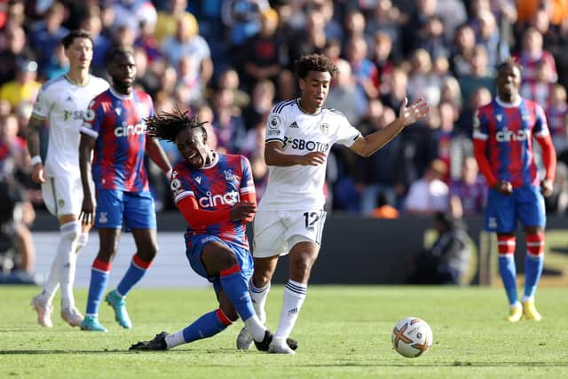 LONDON, ENGLAND - OCTOBER 09: Eberechi Eze of Crystal Palace challenges Tyler Adams of Leeds United during the Premier League match between Crystal Palace and Leeds United at Selhurst Park on October 09, 2022 in London, England. (Photo by Richard Heathcote/Getty Images)