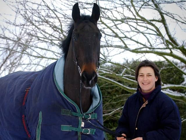 Former winner: Fiona Needham pictured with Last Option the horse she won the Foxhunters' Cup at Cheltenham in 2002 on at her farm at Boltby, near Thirsk.(Picture: Simon Hulme)