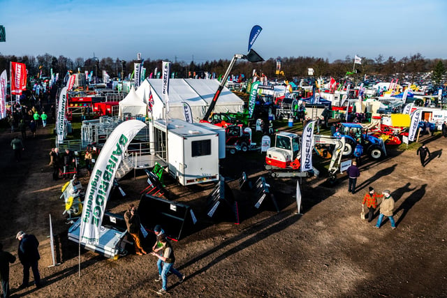 An aerial view over the site showing the large number of agricultural machinery at this show and flying the flag for technology in agriculture.