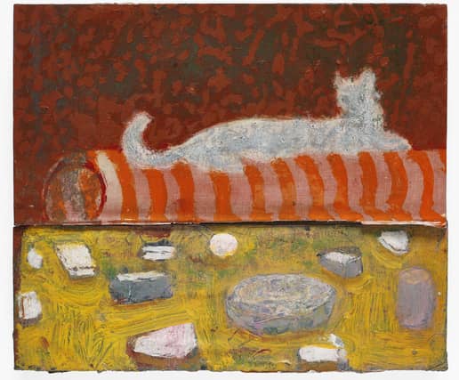 Cat and cheeseboard by Andrew Cranston, on display in the exhibition What Made You Stop Here? at the Hepworth Wakefield. Photograph by Andy Keate