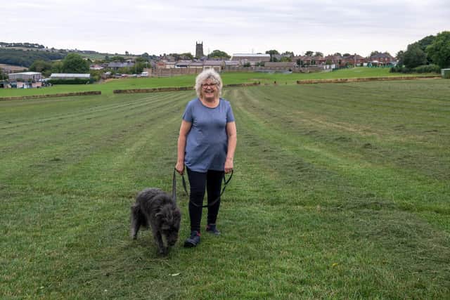 Elaine Earnshaw , livestock secretary for Penistone Show, walks her lurcher Paddy