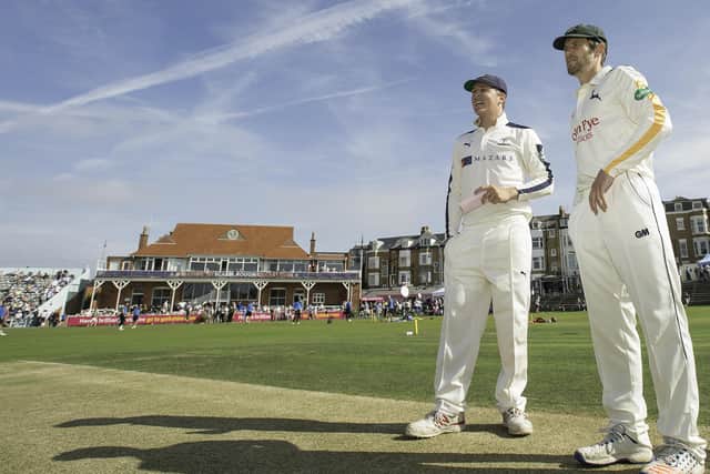 Chris Read, right, pictured at the toss with Gary Ballance before Yorkshire's County Championship match against Nottinghamshire at Scarborough in 2016, has been helping Harry Duke with his wicketkeeping skills. Picture by Allan McKenzie/SWpix.com