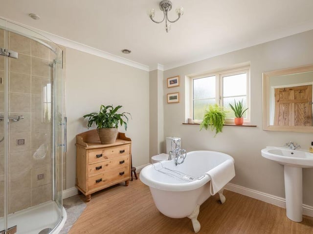 A freestanding roll-top bath sits alongside a separate shower, wash basin and WC.
