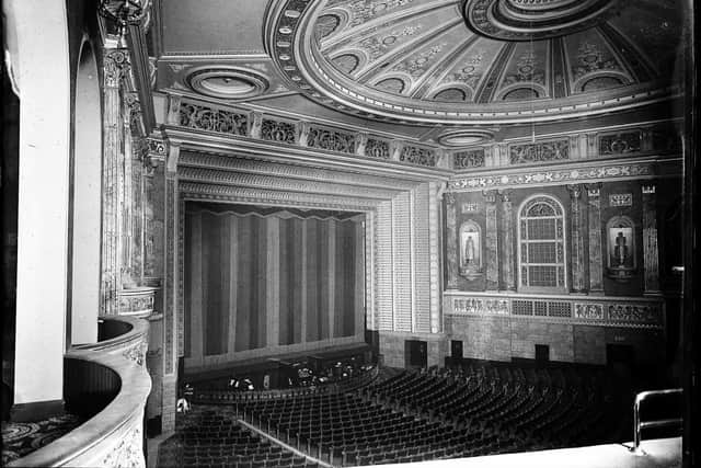 Opening day pic of the 3,318-seat auditorium at the new Victoria Theatre, Bradford, 1930
freelance press photographer (Bradford, Dewsbury Doncaster) from the 1920s, Leslie Overend, who when he died left 30,000 glass plates and negatives to a colleague, covering things like the Queen's visit to Morley in 1964
As a young lad he had covered the 1930 opening of Bradford's New Vic Theatre (would go to be known as Gaumont, Odeon) Now his old photographs of the opening feature as a new exhibition looks back on the building's history (Impressions Gallery). 