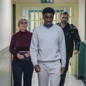 Siobhan Finneran as Marie Louise O’Dell, Chukwubuiken Molokwu as Christopher (Ushindi) Madubuko and David Tennant as custodial officer Bobby Bailey in Time. Picture: BBC/BBC Studios/Peter Marley