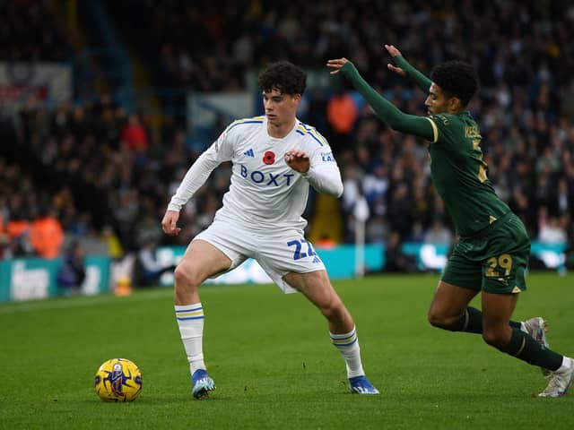 Emerging talent: Leeds United's Archie Gray in action against Plymouth Argyle earlier this season as his development as a right-back continues apace. (Picture: Jonathan Gawthorpe)
