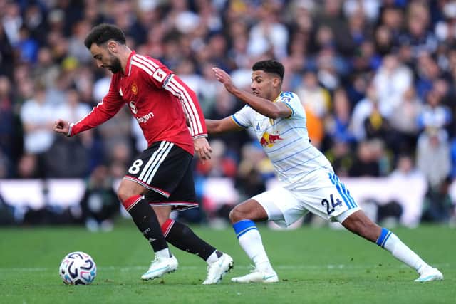 MOVE CLOSER: James Justin tries to shut down Bruno Fernandes (Image: Annabel Lee-Ellis)