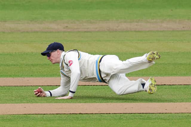Yorkshire's Harry Brook makes a diving stop. Picture by Alex Whitehead/SWpix.com