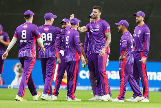 GOT HIM: Northern Superchargers' Reece Topley (3rd right) celebrates with team-mates after dismissing Birmingham Phoenix's Jacob Bethell during The Hundred match between the two teams at Headingley - the game was later abandoned due to torrential rain. Picture: Danny Lawson/PA