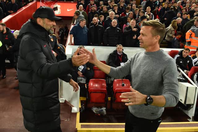 LIVERPOOL, ENGLAND - OCTOBER 29: (THE SUN OUT,THE SUN ON SUNDAY OUT ) Jurgen Klopp manager of Liverpool with Jesse Marsch Manager of Leeds United  before the Premier League match between Liverpool FC and Leeds United at Anfield on October 29, 2022 in Liverpool, England. (Photo by Andrew Powell/Liverpool FC via Getty Images)