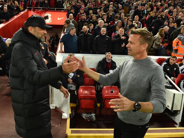 LIVERPOOL, ENGLAND - OCTOBER 29: (THE SUN OUT,THE SUN ON SUNDAY OUT ) Jurgen Klopp manager of Liverpool with Jesse Marsch Manager of Leeds United  before the Premier League match between Liverpool FC and Leeds United at Anfield on October 29, 2022 in Liverpool, England. (Photo by Andrew Powell/Liverpool FC via Getty Images)